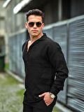 Apaş Yaka Oversize Müslin Kumaş Gömlek - Siyah
