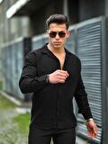 Apaş Yaka Oversize Müslin Kumaş Gömlek - Siyah