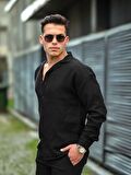 Apaş Yaka Oversize Müslin Kumaş Gömlek - Siyah