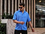 Oversize Fitilli Kısa Kol Gömlek - Mavi