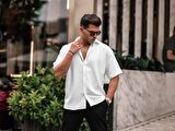 Oversize Fitilli Kısa Kol Gömlek - Beyaz