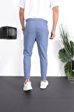 Premium Dokulu Duble Paça Fit Pantolon - Mavi
