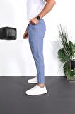 Premium Dokulu Duble Paça Fit Pantolon - Mavi