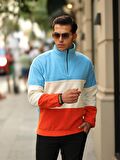 Parça Desen Yarım Fermuar Polar Sweatshirt Bebe Mavi/Ekru/Turuncu