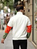 Parça Desen Yarım Fermuar Polar Sweatshirt - Ekru/Turuncu/Haki