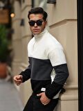Parça Desen Yarım Fermuar Polar Sweatshirt - Ekru/Füme/Siyah