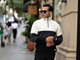 Parça Desen Yarım Fermuar Polar Sweatshirt - Ekru/Füme/Siyah