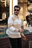 Düğmeli Polo Yaka Yarım Oversize  Çizgili Triko Kazak - Bej