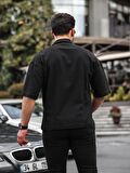 Apaş Yaka Premium Kısa Kollu Keten Gömlek- Siyah
