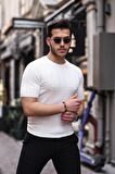 Saç Örgü Fit Kesim Bisiklet Yaka Triko T-Shirt - Beyaz