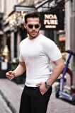 Saç Örgü Fit Kesim Bisiklet Yaka Triko T-Shirt - Beyaz