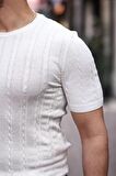 Saç Örgü Fit Kesim Bisiklet Yaka Triko T-Shirt - Beyaz