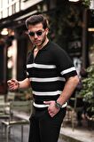 Yarım Fermuar Çizgili Oversize Triko T-Shirt - Siyah