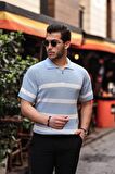 Yarım Fermuar Çizgili Oversize Triko T-Shirt - Açık Mavi