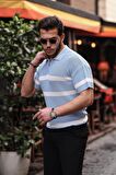 Yarım Fermuar Çizgili Oversize Triko T-Shirt - Açık Mavi