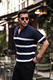 Yarım Fermuar Çizgili Oversize Triko T-Shirt - Lacivert