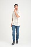 Zarf Yaka Detaylı Çizgili Oversize T-Shirt - Kum Beji