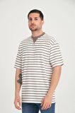 Zarf Yaka Detaylı Çizgili Oversize T-Shirt - Vizon