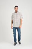 Zarf Yaka Detaylı Çizgili Oversize T-Shirt - Vizon