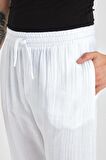 Baggy Kalıp Müslin Kumaş Pantolon - Beyaz
