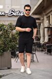 Fitilli Oversize T-Shirt Şort Takım - Siyah