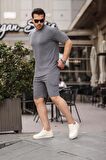 Fitilli Oversize T-Shirt Şort Takım - Füme
