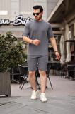 Fitilli Oversize T-Shirt Şort Takım - Füme