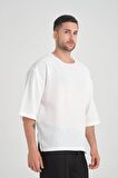 Bisiklet Yaka Fakir Kol Oversize Kısa Kol T-shirt - Beyaz