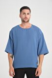 Bisiklet Yaka Fakir Kol Oversize Kısa Kol T-shirt - Mavi