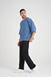Bisiklet Yaka Fakir Kol Oversize Kısa Kol T-shirt - Mavi