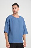Bisiklet Yaka Fakir Kol Oversize Kısa Kol T-shirt - Mavi