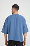 Bisiklet Yaka Fakir Kol Oversize Kısa Kol T-shirt - Mavi