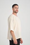 Bisiklet Yaka Fakir Kol Oversize Kısa Kol T-shirt - Bej
