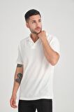 Premium V Yaka Oversize Fitilli T-Shirt - Beyaz