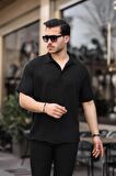 Polo Yaka Oversize Yarım Pat  Bambu Kısa Kol Gömlek - Siyah