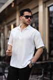 Polo Yaka Oversize Yarım Pat  Bambu Kısa Kol Gömlek - Beyaz