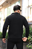 Oversize Gömlek Polo Yaka Selanik Örgülü Erkek Triko Kazak - Siyah