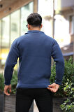 Oversize Gömlek Polo Yaka Selanik Örgülü Erkek Triko Kazak - İndigo