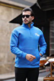 Cozy Kanguru Nakışlı Şardonlu Yarım Fermuar Sweatshirt - Mavi
