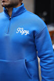 Cozy Kanguru Nakışlı Şardonlu Yarım Fermuar Sweatshirt - Mavi