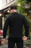 Modern Fit Polo Yaka Çizgili Triko Kazak - Siyah