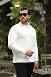Modern Fit Polo Yaka Çizgili Triko Kazak - Ekru
