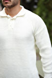 Modern Fit Polo Yaka Çizgili Triko Kazak - Ekru