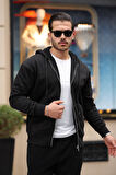 İçi Peluş Üç İplik Kumaş Oversize Fermuarlı Kapüşonlu Sweatshirt- Siyah