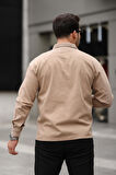 Tek Cepli Oversize Gabardin Kumaş Erkek Gömlek - Bej