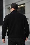 Oversize Selanik Örme Fermuarlı Erkek Hırka- Siyah