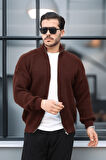 Oversize Selanik Örme Fermuarlı Erkek Hırka- Kahve