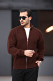 Oversize Selanik Örme Fermuarlı Erkek Hırka- Kahve