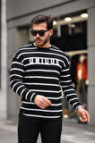 Unique Baskılı Çizgili Erkek Sweatshirt - Siyah