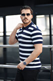 Premium Yan Çizgili Viskon Polo Yaka Triko Erkek T-Shirt - Lacivert